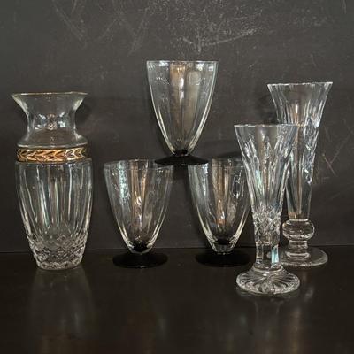 LOT 272: Elegant Crystal Collection: Waterford, Lenox, Atlas Blue Swirl Glass Serving Bowl, Water Goblets w/Black Glass Base, Black Glass...
