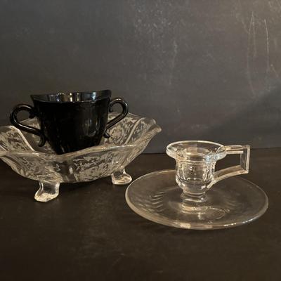 LOT 272: Elegant Crystal Collection: Waterford, Lenox, Atlas Blue Swirl Glass Serving Bowl, Water Goblets w/Black Glass Base, Black Glass...