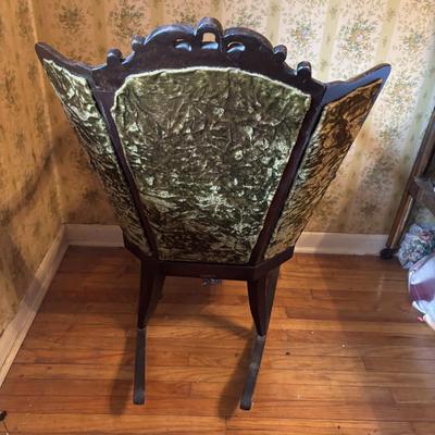 LOT 277: Vintage Green Velvet Upholstered J.B. Van Scriver Co., Rocking Chair, Painted Sewing Box & Victorian Corner Shelf & Gold...