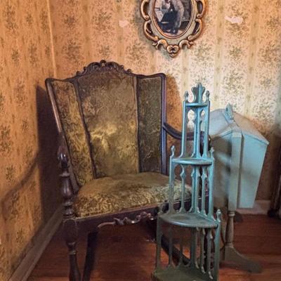 LOT 277: Vintage Green Velvet Upholstered J.B. Van Scriver Co., Rocking Chair, Painted Sewing Box & Victorian Corner Shelf & Gold...