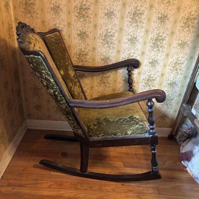 LOT 277: Vintage Green Velvet Upholstered J.B. Van Scriver Co., Rocking Chair, Painted Sewing Box & Victorian Corner Shelf & Gold...