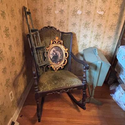 LOT 277: Vintage Green Velvet Upholstered J.B. Van Scriver Co., Rocking Chair, Painted Sewing Box & Victorian Corner Shelf & Gold...