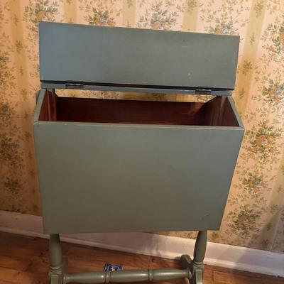 LOT 277: Vintage Green Velvet Upholstered J.B. Van Scriver Co., Rocking Chair, Painted Sewing Box & Victorian Corner Shelf & Gold...