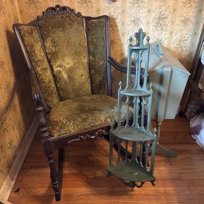 LOT 277: Vintage Green Velvet Upholstered J.B. Van Scriver Co., Rocking Chair, Painted Sewing Box & Victorian Corner Shelf & Gold...