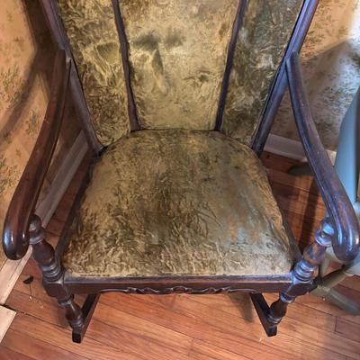 LOT 277: Vintage Green Velvet Upholstered J.B. Van Scriver Co., Rocking Chair, Painted Sewing Box & Victorian Corner Shelf & Gold...