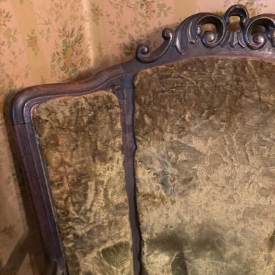 LOT 277: Vintage Green Velvet Upholstered J.B. Van Scriver Co., Rocking Chair, Painted Sewing Box & Victorian Corner Shelf & Gold...