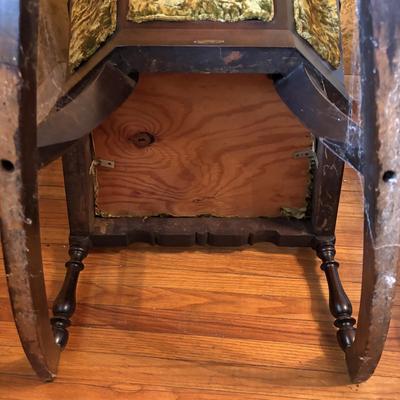 LOT 277: Vintage Green Velvet Upholstered J.B. Van Scriver Co., Rocking Chair, Painted Sewing Box & Victorian Corner Shelf & Gold...