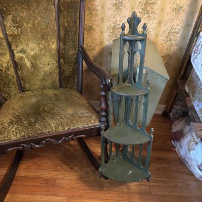 LOT 277: Vintage Green Velvet Upholstered J.B. Van Scriver Co., Rocking Chair, Painted Sewing Box & Victorian Corner Shelf & Gold...