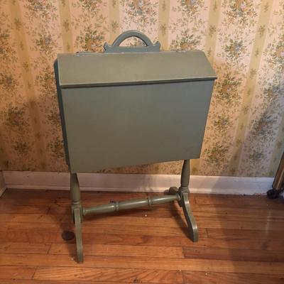 LOT 277: Vintage Green Velvet Upholstered J.B. Van Scriver Co., Rocking Chair, Painted Sewing Box & Victorian Corner Shelf & Gold...