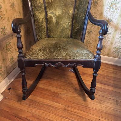 LOT 277: Vintage Green Velvet Upholstered J.B. Van Scriver Co., Rocking Chair, Painted Sewing Box & Victorian Corner Shelf & Gold...