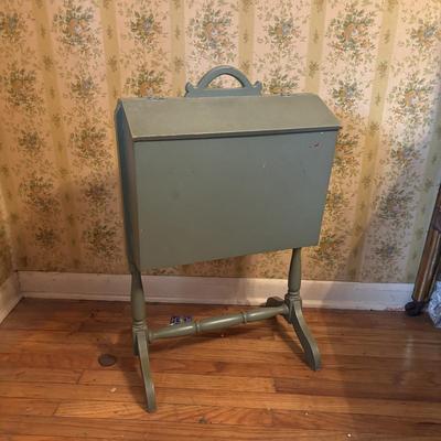 LOT 277: Vintage Green Velvet Upholstered J.B. Van Scriver Co., Rocking Chair, Painted Sewing Box & Victorian Corner Shelf & Gold...