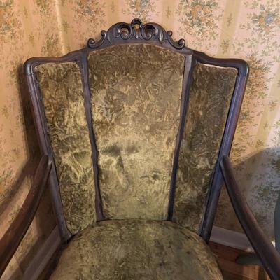 LOT 277: Vintage Green Velvet Upholstered J.B. Van Scriver Co., Rocking Chair, Painted Sewing Box & Victorian Corner Shelf & Gold...
