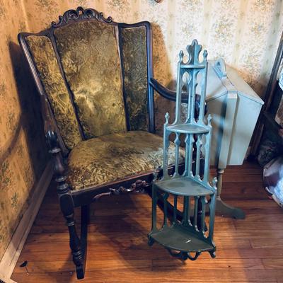 LOT 277: Vintage Green Velvet Upholstered J.B. Van Scriver Co., Rocking Chair, Painted Sewing Box & Victorian Corner Shelf & Gold...