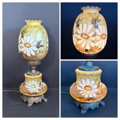 LOT 282: Vintage Hand Painted and Signed Hurricane Lamp