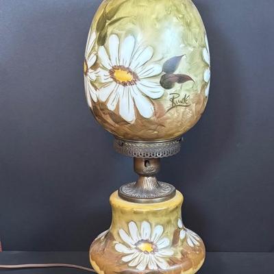 LOT 282: Vintage Hand Painted and Signed Hurricane Lamp
