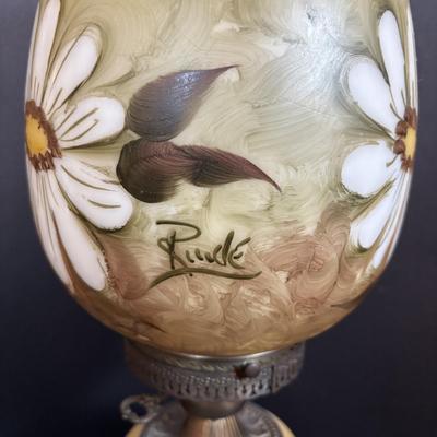 LOT 282: Vintage Hand Painted and Signed Hurricane Lamp