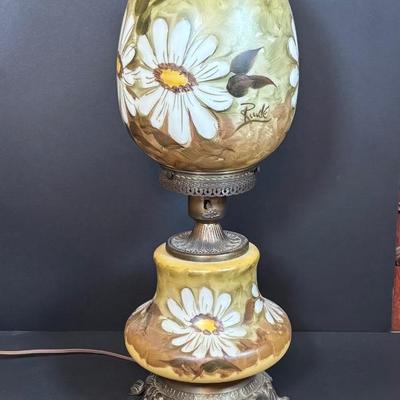LOT 282: Vintage Hand Painted and Signed Hurricane Lamp