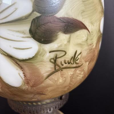 LOT 282: Vintage Hand Painted and Signed Hurricane Lamp