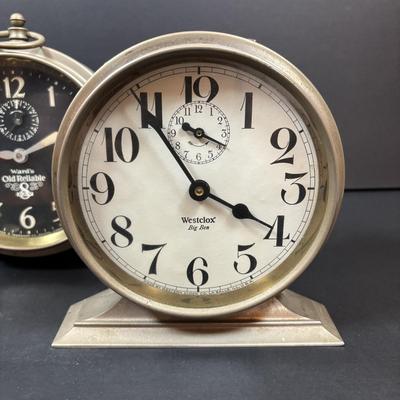 LOT 283: Vintage Wind-Up Alarm Clock: Westclox Big Ben, Ward's Old Reliable and 1879 Edison Lamp Replica