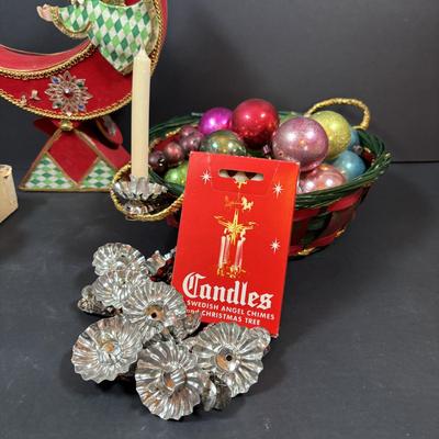LOT 284: Vintage Christmas & More: Tin Light Reflectors, Ornaments, Clip-on Candle Holders, Schmid Bros Angel in Motion (works)...