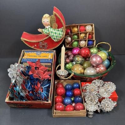 LOT 284: Vintage Christmas & More: Tin Light Reflectors, Ornaments, Clip-on Candle Holders, Schmid Bros Angel in Motion (works)...