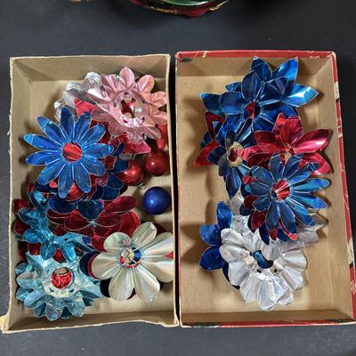LOT 284: Vintage Christmas & More: Tin Light Reflectors, Ornaments, Clip-on Candle Holders, Schmid Bros Angel in Motion (works)...