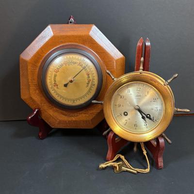 LOT 285: Vintage Made in Germany Schatz 8 Day-14Jewel Ships Bell Clock w/Key & Barometer