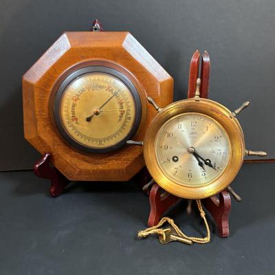 LOT 285: Vintage Made in Germany Schatz 8 Day-14Jewel Ships Bell Clock w/Key & Barometer