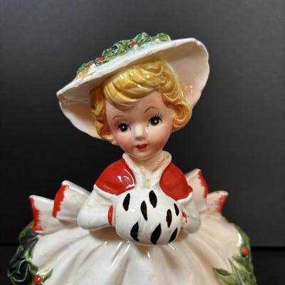 LOT 286: Vintage Relpo Christmas Holly Girl Figurine Planter, Angel Figurines, Spaghetti Santa & Mrs. Claus Salt/Pepper Shakers,...