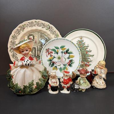 LOT 286: Vintage Relpo Christmas Holly Girl Figurine Planter, Angel Figurines, Spaghetti Santa & Mrs. Claus Salt/Pepper Shakers,...