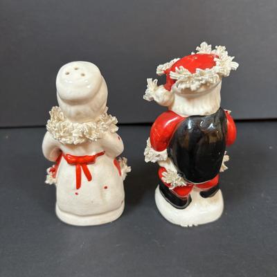 LOT 286: Vintage Relpo Christmas Holly Girl Figurine Planter, Angel Figurines, Spaghetti Santa & Mrs. Claus Salt/Pepper Shakers,...