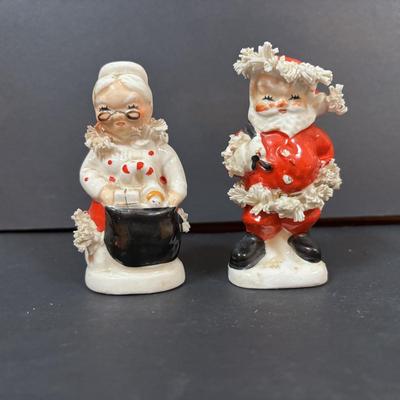 LOT 286: Vintage Relpo Christmas Holly Girl Figurine Planter, Angel Figurines, Spaghetti Santa & Mrs. Claus Salt/Pepper Shakers,...
