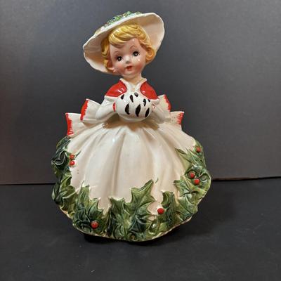 LOT 286: Vintage Relpo Christmas Holly Girl Figurine Planter, Angel Figurines, Spaghetti Santa & Mrs. Claus Salt/Pepper Shakers,...
