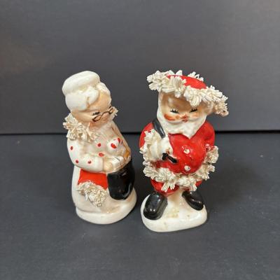 LOT 286: Vintage Relpo Christmas Holly Girl Figurine Planter, Angel Figurines, Spaghetti Santa & Mrs. Claus Salt/Pepper Shakers,...