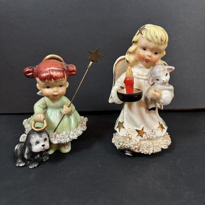 LOT 286: Vintage Relpo Christmas Holly Girl Figurine Planter, Angel Figurines, Spaghetti Santa & Mrs. Claus Salt/Pepper Shakers,...