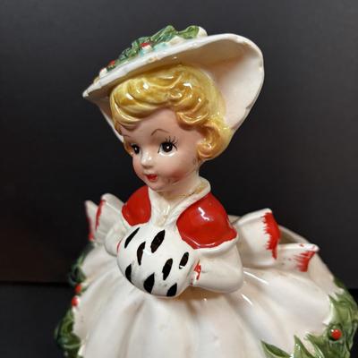 LOT 286: Vintage Relpo Christmas Holly Girl Figurine Planter, Angel Figurines, Spaghetti Santa & Mrs. Claus Salt/Pepper Shakers,...