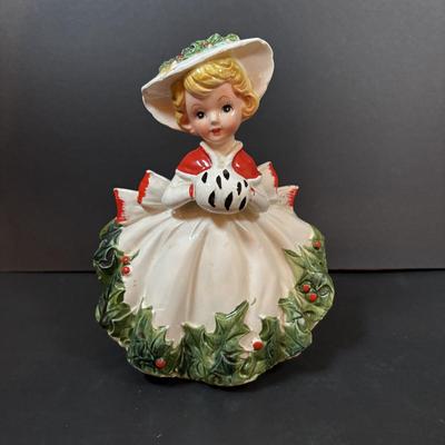 LOT 286: Vintage Relpo Christmas Holly Girl Figurine Planter, Angel Figurines, Spaghetti Santa & Mrs. Claus Salt/Pepper Shakers,...