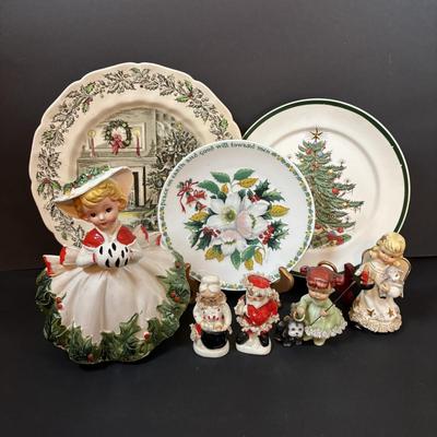 LOT 286: Vintage Relpo Christmas Holly Girl Figurine Planter, Angel Figurines, Spaghetti Santa & Mrs. Claus Salt/Pepper Shakers,...