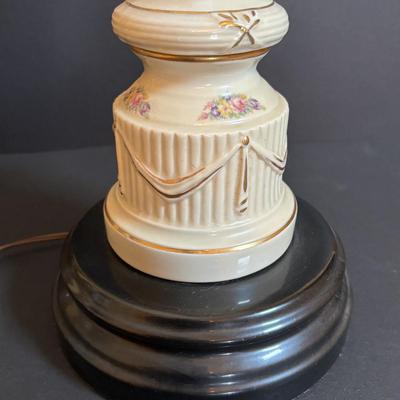 LOT 287: Vintage Victorian Era Style Lamp w/Painted Glass Shade, Decorative Base and Hanging Crystals