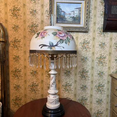 LOT 287: Vintage Victorian Era Style Lamp w/Painted Glass Shade, Decorative Base and Hanging Crystals