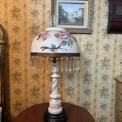LOT 287: Vintage Victorian Era Style Lamp w/Painted Glass Shade, Decorative Base and Hanging Crystals