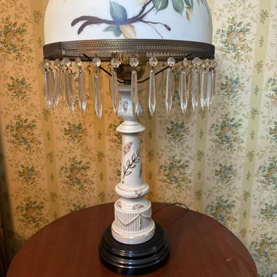 LOT 287: Vintage Victorian Era Style Lamp w/Painted Glass Shade, Decorative Base and Hanging Crystals