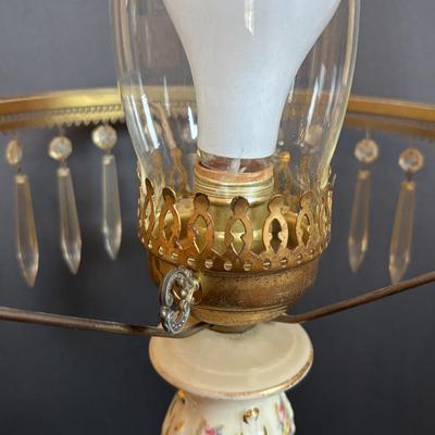 LOT 287: Vintage Victorian Era Style Lamp w/Painted Glass Shade, Decorative Base and Hanging Crystals