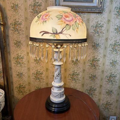 LOT 287: Vintage Victorian Era Style Lamp w/Painted Glass Shade, Decorative Base and Hanging Crystals