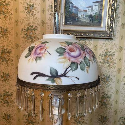LOT 287: Vintage Victorian Era Style Lamp w/Painted Glass Shade, Decorative Base and Hanging Crystals
