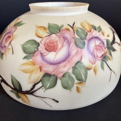 LOT 287: Vintage Victorian Era Style Lamp w/Painted Glass Shade, Decorative Base and Hanging Crystals