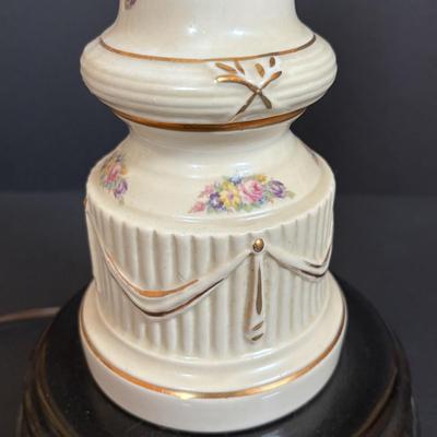 LOT 287: Vintage Victorian Era Style Lamp w/Painted Glass Shade, Decorative Base and Hanging Crystals