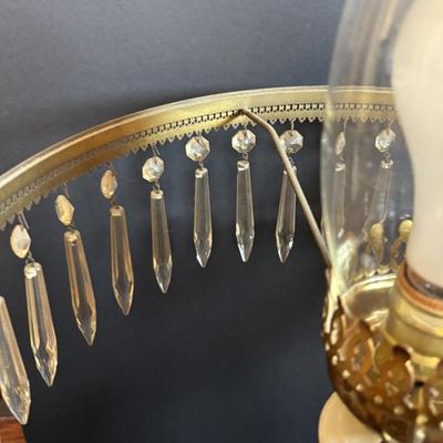 LOT 287: Vintage Victorian Era Style Lamp w/Painted Glass Shade, Decorative Base and Hanging Crystals