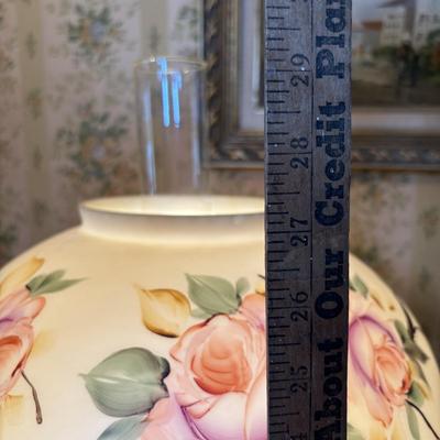 LOT 287: Vintage Victorian Era Style Lamp w/Painted Glass Shade, Decorative Base and Hanging Crystals