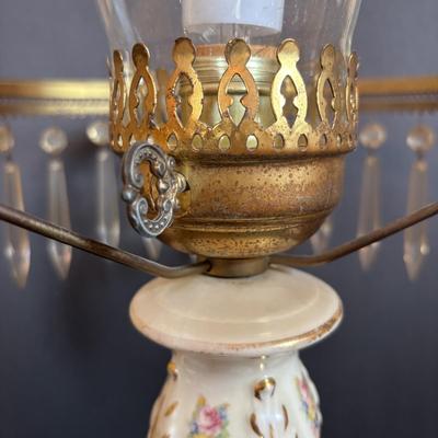 LOT 287: Vintage Victorian Era Style Lamp w/Painted Glass Shade, Decorative Base and Hanging Crystals